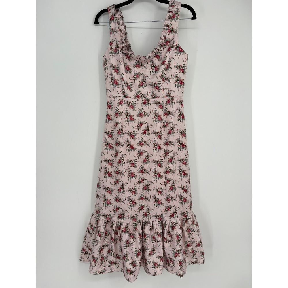 Reveux Dress Womens S Pink Floral Ruffle Midi Sleeveless Back Zip Stretch Lined